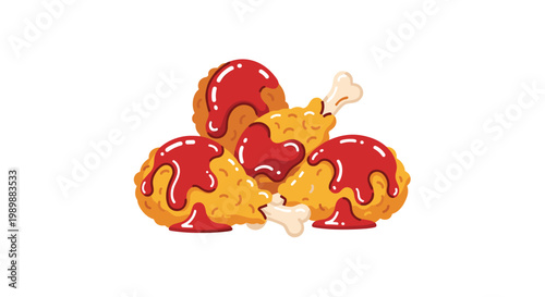 Four golden brown crispy fried chicken drumsticks are piled together and drizzled with thick glossy red tomato ketchup against a plain white background.