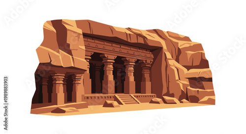 A grand ancient temple facade meticulously carved into a massive reddish brown rock cliff features sturdy pillars and a central stone entrance stairway.
