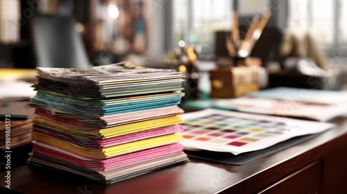 Stunning photo of stacks of printed materials, magazines, and color swatches on a designer's desk in an office setting.