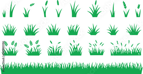 Green grass silhouette collection, 22 botanical plant icons and meadow border vector set, flat nature landscape elements for garden design