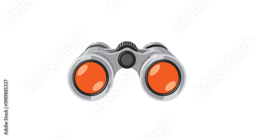 A front-facing view of metallic silver binoculars features large vibrant orange lenses and a black central focus wheel against a stark white background.