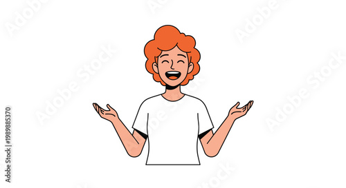 A cheerful cartoon man with vibrant curly orange hair wearing a simple white t-shirt laughs joyfully with his arms spread wide in a welcoming gesture.