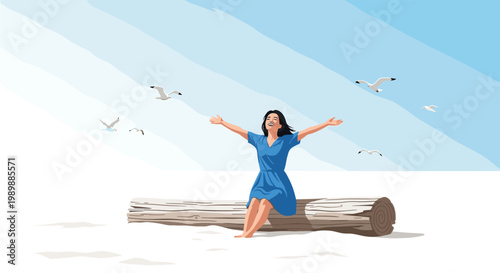 A happy young woman wearing a vibrant blue dress sits on a weathered driftwood log on a pristine white sand beach with her arms outstretched in pure joy.