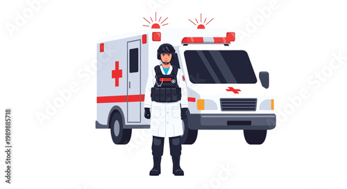 A male paramedic wearing a white coat and a black tactical vest stands firmly in front of a white ambulance with red emergency lights flashing brightly.
