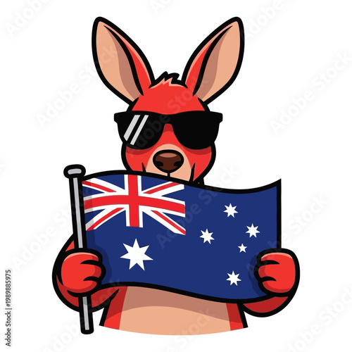 Red Kangaroo Mascot Wearing Sunglasses Holding Australian Flag Vector Illustration for Australia Day and Tourism