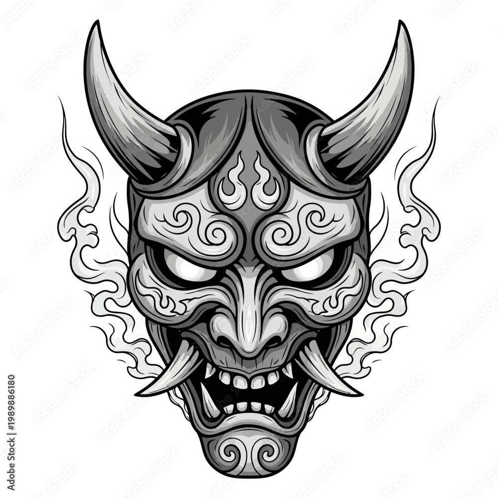 Fototapeta premium Japanese Hannya Mask Vector Illustration with Horns and Fangs for Tattoo Design and Apparel Branding