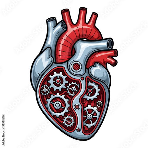 Mechanical human heart vector illustration with internal gears and cogs representing artificial organ technology and cardiology engineering