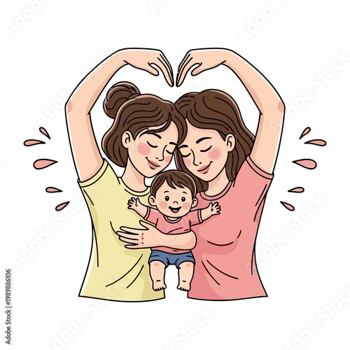 Lesbian couple with baby making heart shape with hands vector illustration for LGBTQ family concept