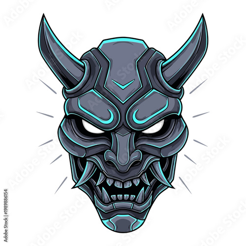 Cyberpunk Hannya Mask Vector Illustration with Neon Blue Accents for Gaming Mascot and Esports Logo Design