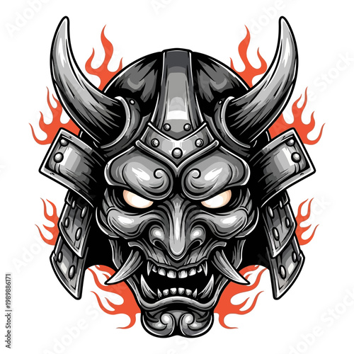 Japanese Samurai Oni Mask Vector Illustration with Flames for Gaming Mascot and T-Shirt Design
