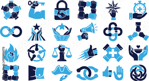 Unity and support icons featuring hands, people, and symbols of connection and strength.