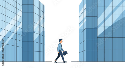 A professional businessman carrying a dark briefcase walks with determination through a modern urban corridor formed by two towering blue glass skyscrapers.