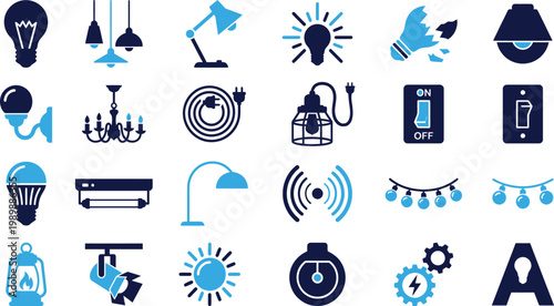 Light bulb and lighting fixture icons representing ideas energy and illumination technology.