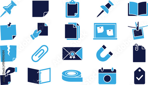 Office stationery icons, paper clips, notebooks, and push pins for organization.