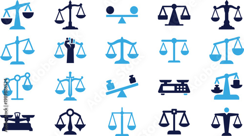Set of blue and dark blue scale icons representing justice law balance and measurement.