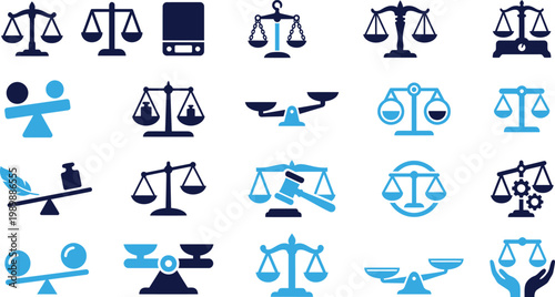 Assorted balance and scale icons in blue and dark blue for justice law and measurement.