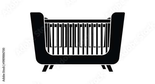 A black silhouette of a classic baby crib with detailed spindles silhouette