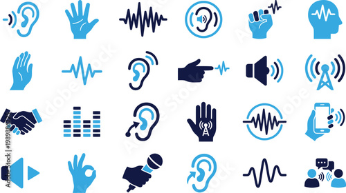 Sound and hearing related icons including ears, waves, and technology.