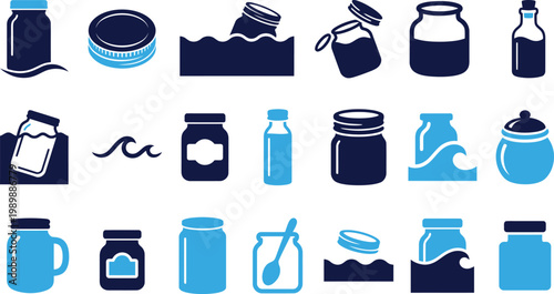 Assortment of blue and navy glass jars bottles containers with liquid.