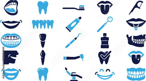 Dental hygiene and care icons showing teeth, mouth, dental tools, and oral hygiene products for healthy smile.