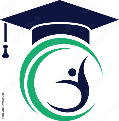 Tableau sur toile Graduation cap with a stylized human figure inside a green circular swirl repres