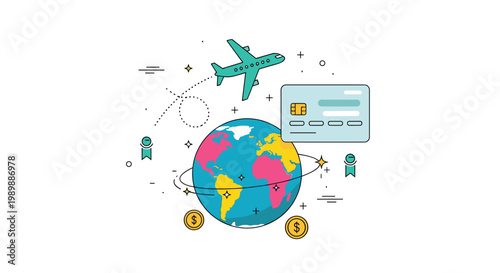 A colorful detailed line art illustration features a central globe surrounded by a flying teal airplane and a light blue electronic payment credit card.