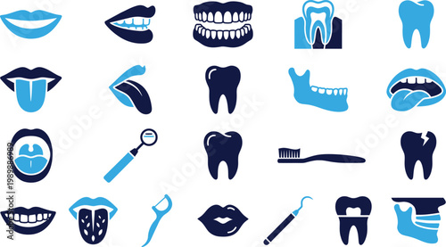 Dental hygiene and care icons showing teeth, mouth, dental tools, and oral hygiene products for healthy smile.