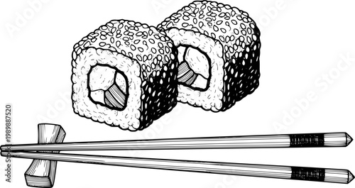 Hand Drawn Sushi Rolls with Chopsticks White Background Line maki food