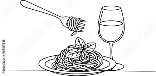 Minimalist line of spaghetti with basil plate and wine glass, fork twirling pasta