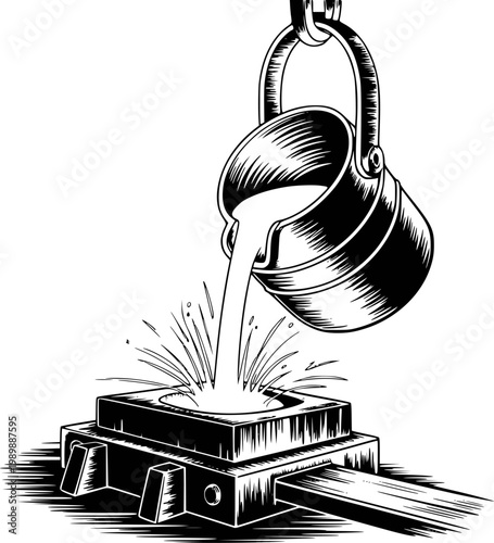 Molten metal pouring from crucible into mold, industrial casting process, black and white