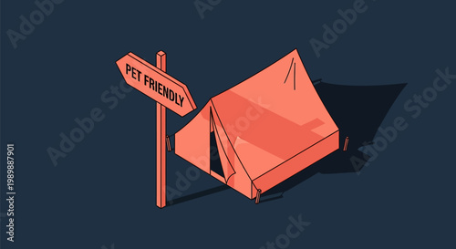 Isometric vector illustration of a coral salmon colored A-frame tent beside a wooden directional signpost with pet friendly text isolated on a dark navy blue background.