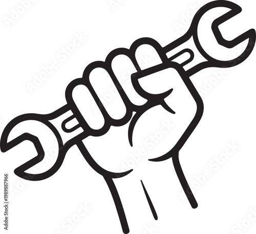 Hand holding various tools fist with wrench,