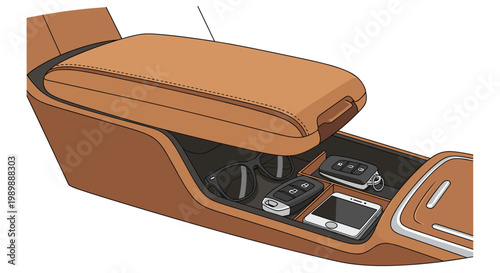 A tan leather car center console armrest is partially open to reveal neatly organized interior storage containing black sunglasses and electronic key fobs.