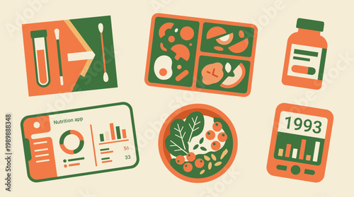 Healthy lifestyle concept with nutrition app, healthy food, medical tests and progress tracking showing health data and wellness goals