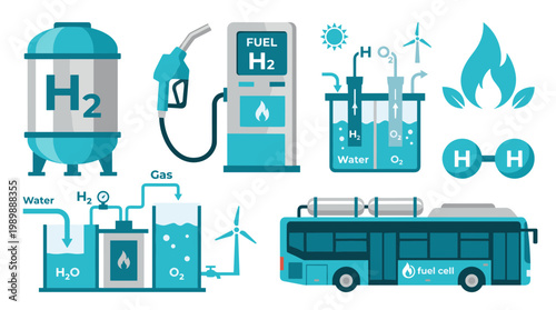 Hydrogen fuel cell technology for clean energy transport and power generation illustrated with icons and diagrams
