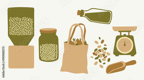Zero waste grocery shopping illustration with reusable containers and natural ingredients for sustainable living and healthy eating