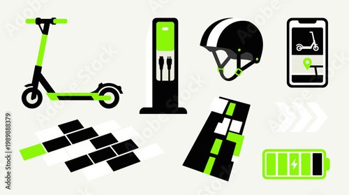 Electric scooter sharing service elements including scooter charging station helmet mobile app and battery icon on a light background