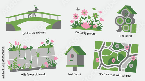 Collection of eco-friendly urban park elements