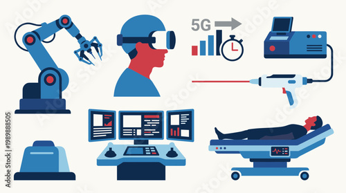 Advanced medical technology and futuristic healthcare concepts featuring robotic surgery VR and 5G integration for precision medicine