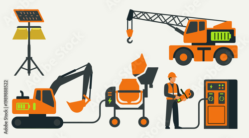 Eco friendly construction site with electric heavy machinery powered by solar energy and charging stations