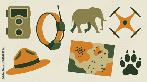 Wildlife conservation tools and symbols including camera trap elephant collar map drone hat and paw print for nature protection and research