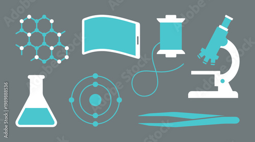 Collection of science and technology icons including microscope, atom, flask, tweezers, DNA, and graphene on a gray background
