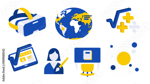 Education technology icons representing virtual reality global learning math teaching and science with a teacher and student desk