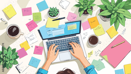 Person working on laptop with many sticky notes