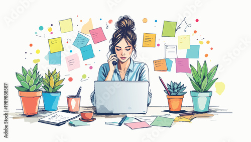 Woman multitasking, talking on phone, organizing tasks at home office