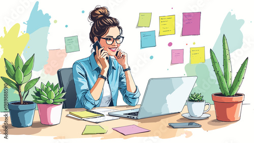 Young woman working remotely from home with laptop and phone