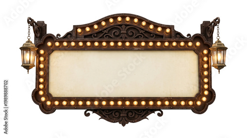 A vintage movie sign with lights on a black background on transparent background