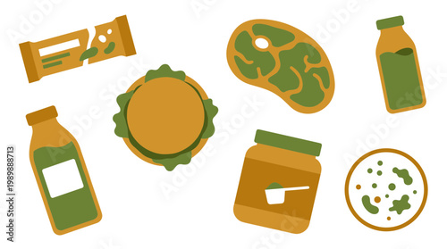 Healthy food and drink assortment including protein shake, burger, steak, energy bar, and supplements for fitness and nutrition