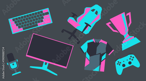 Gaming setup elements including a monitor keyboard microphone chair and controller in vibrant pink and teal colors on a dark background