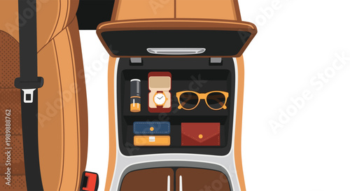 A top down view shows a car center console storage compartment filled with personal items including a gold watch and stylish yellow framed sunglasses.
